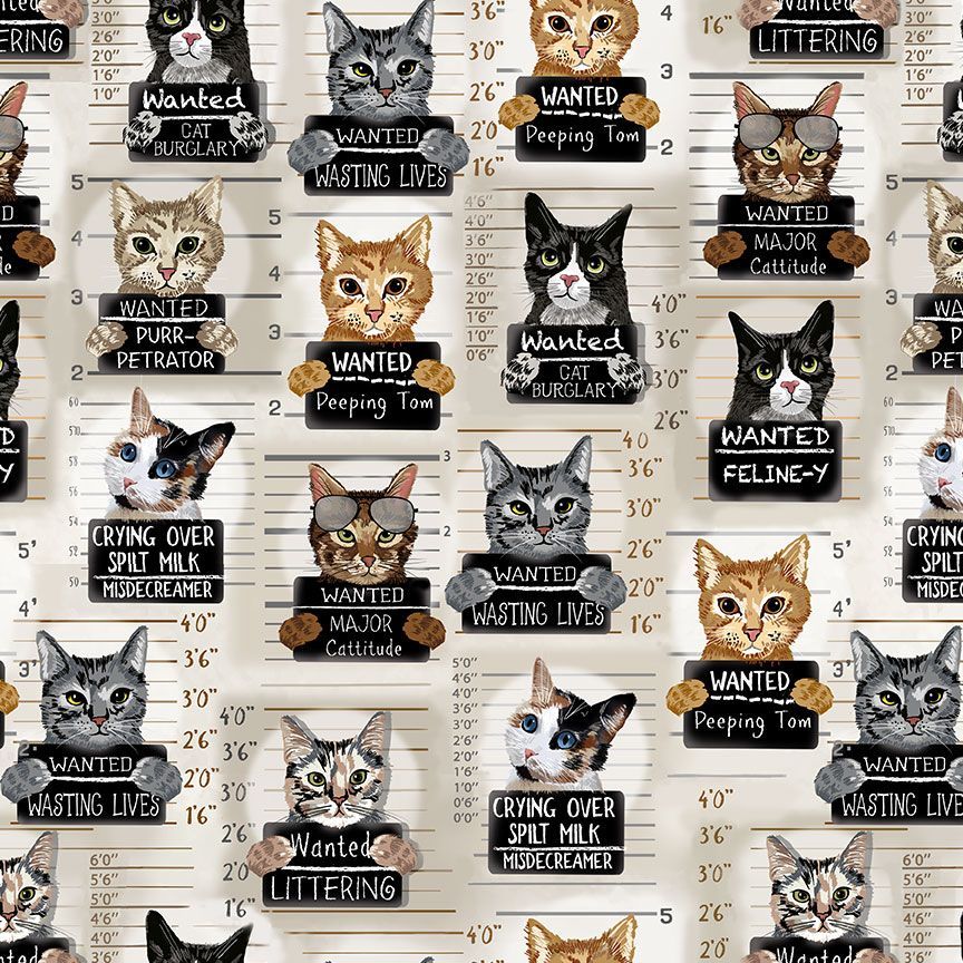 Quirky Cats Mugshots Beige CD3061 Fabrics Timeless Treasures   